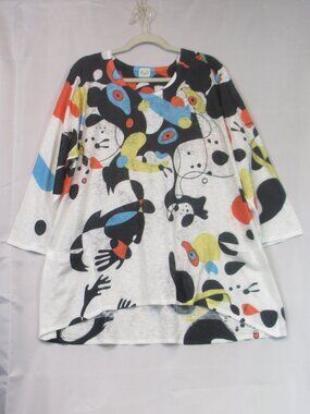Et' Lois Graffiti Print Black White Knit Long Sleeve Top 2X Tunic Art to Wear